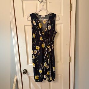 Kaileigh Seanna Faux Wrap Knit Dress. Navy Floral Wrap Dress with Yellow Blooms.